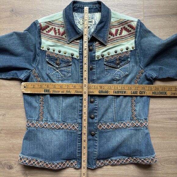 Coldwater Creek Size PM Aztec Southwestern Print Denim Blue Jean Cotton Jacket - Picture 9 of 10